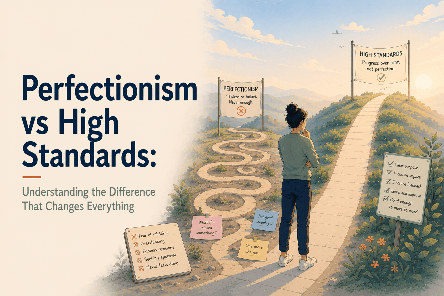 Perfectionism vs high standards explains why striving for excellence can be healthy, while perfectionism quietly turns improvement into overthinking, delay, and self-criticism.